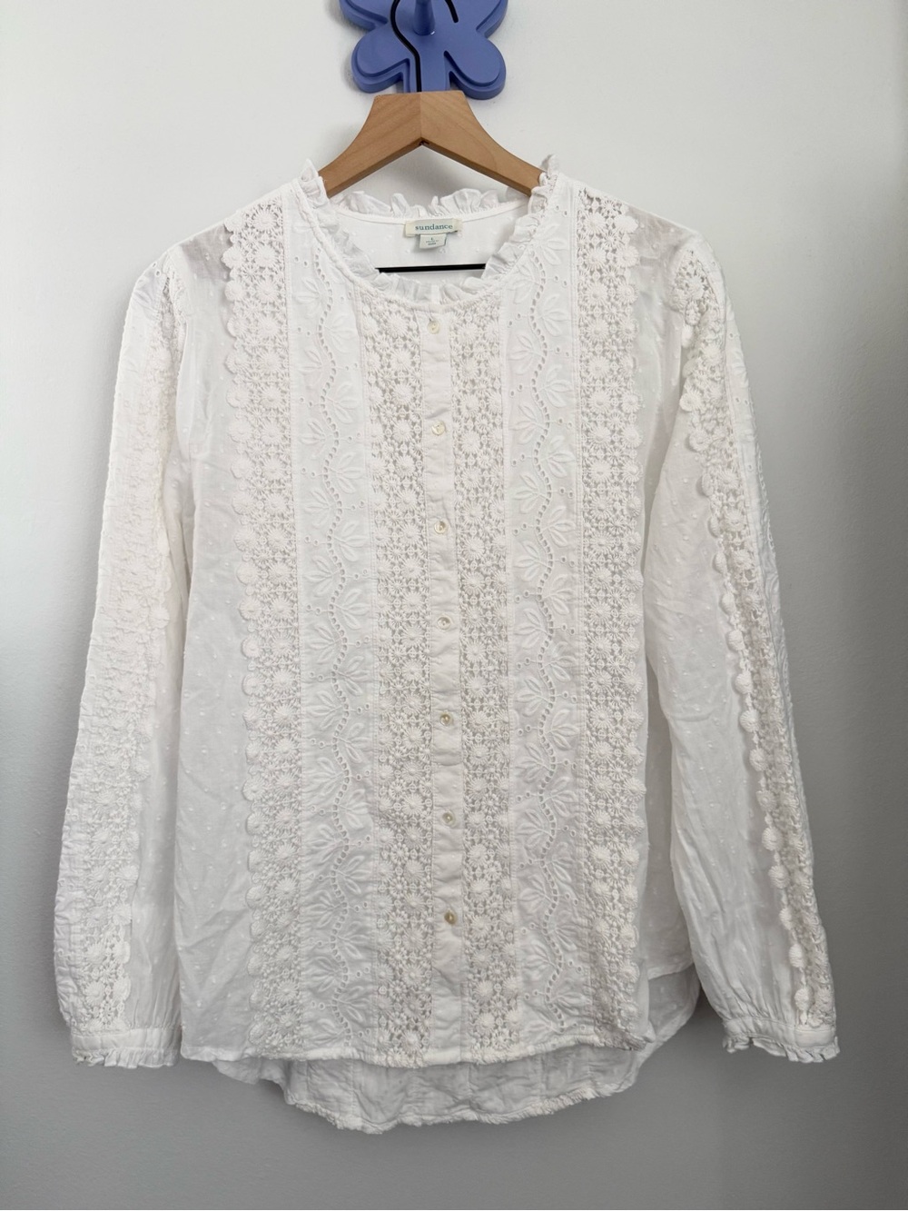 Sundance Large White Floral Embroidered Long Sleeve Blouse Crew Prairie Cottage